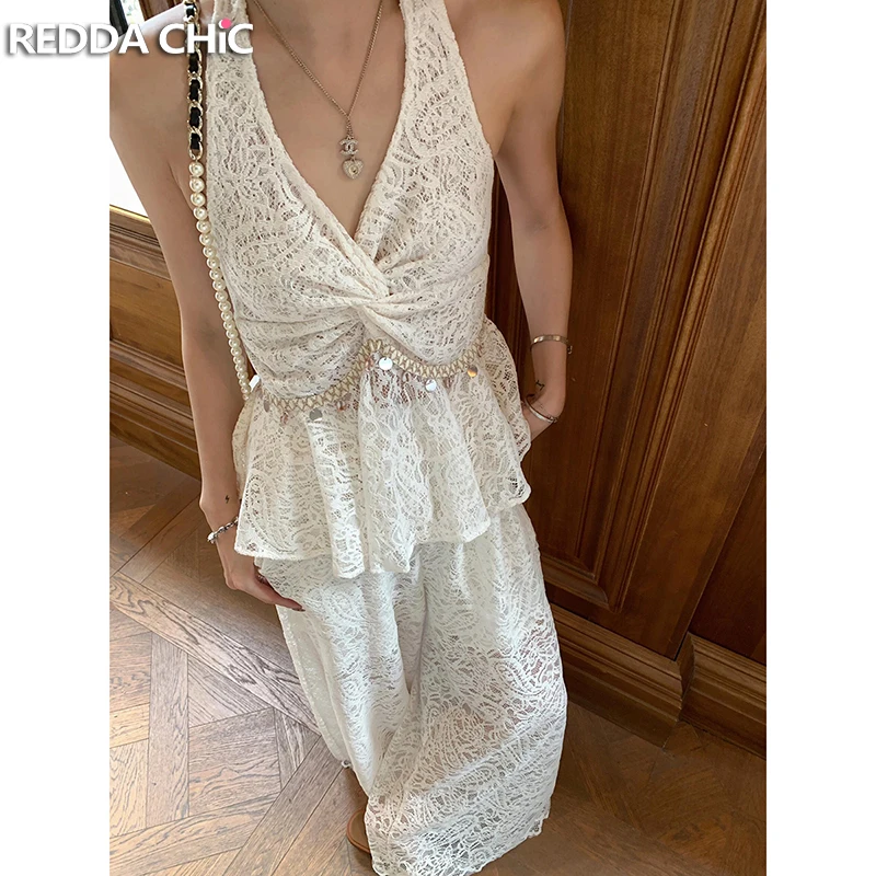 

REDDACHiC Hollow Out Lace Top Pants Women Set Twist V-neck Halter Sequin Sleeveless Vest Elastic Waist Pants Boho Casual Clothes