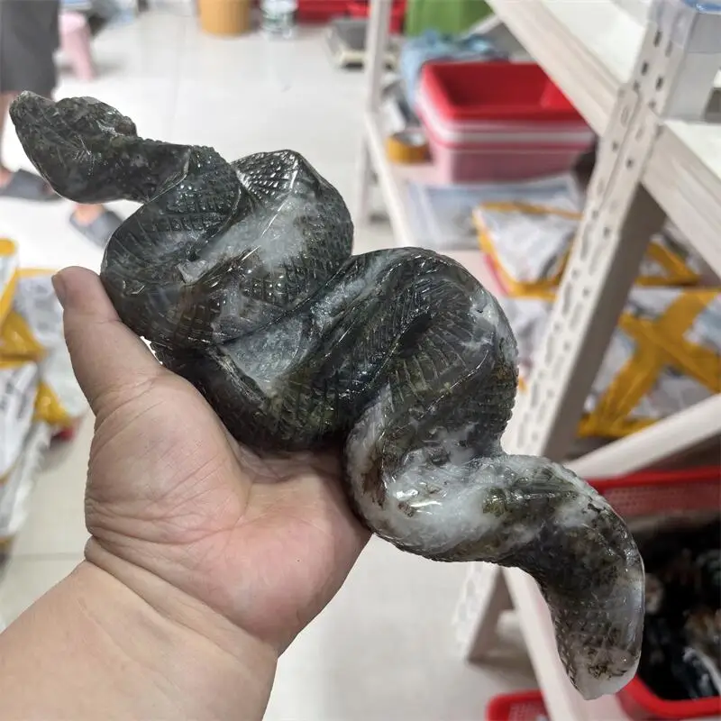 

Natural Moss Agate Snake Carving Polished Powerful Animal Statue For Home Decoration Holiday Gift 1pcs