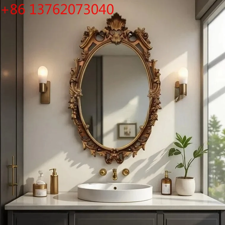 

French retro, bathroom mirror American living room fireplace decorative mirror wall hanging European oval makeup mirror CQY