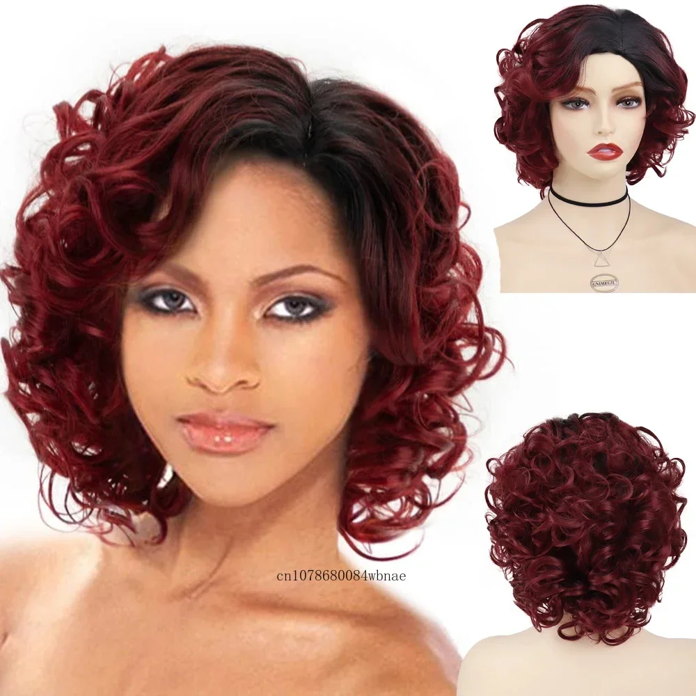 Peluca de pelo sintético rizado grande y corto para mujer, peluca hinchable roja ombré con flequillo lateral, pelucas de fibra resistentes al calor de aspecto Natural, Cosplay diario