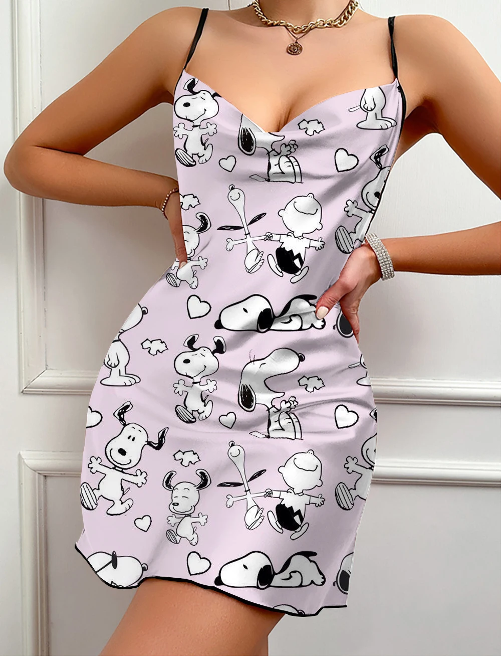 Suspender V-neck Sexy Butterfly Lace Backless Nightdress Snoopy Cartoon Printed Dress Fashionable Ladies Summer Pajamas