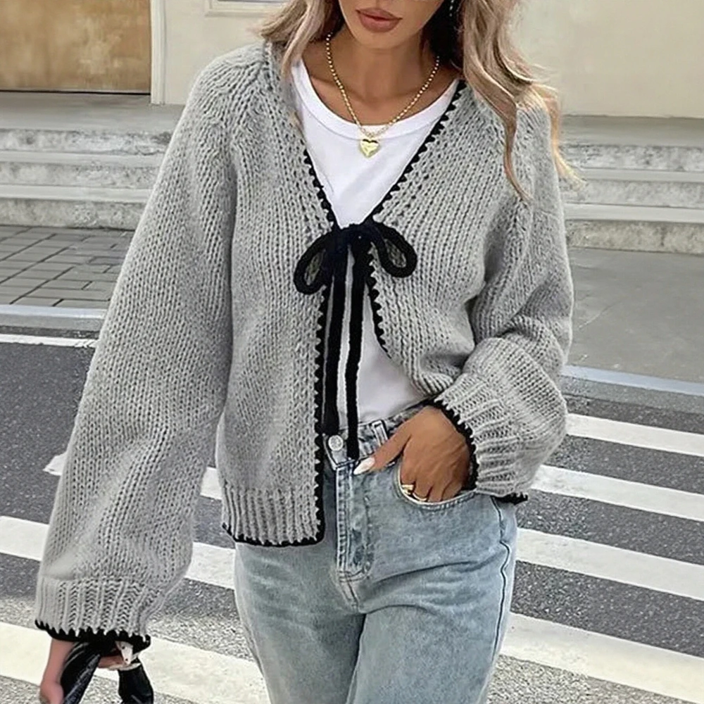 المرأة الخريف الشتاء محبوك سترة فضفاضة طويلة الأكمام فراشة عقدة مربوط سترة مفتوحة ملابس خارجية عارضة المألوف