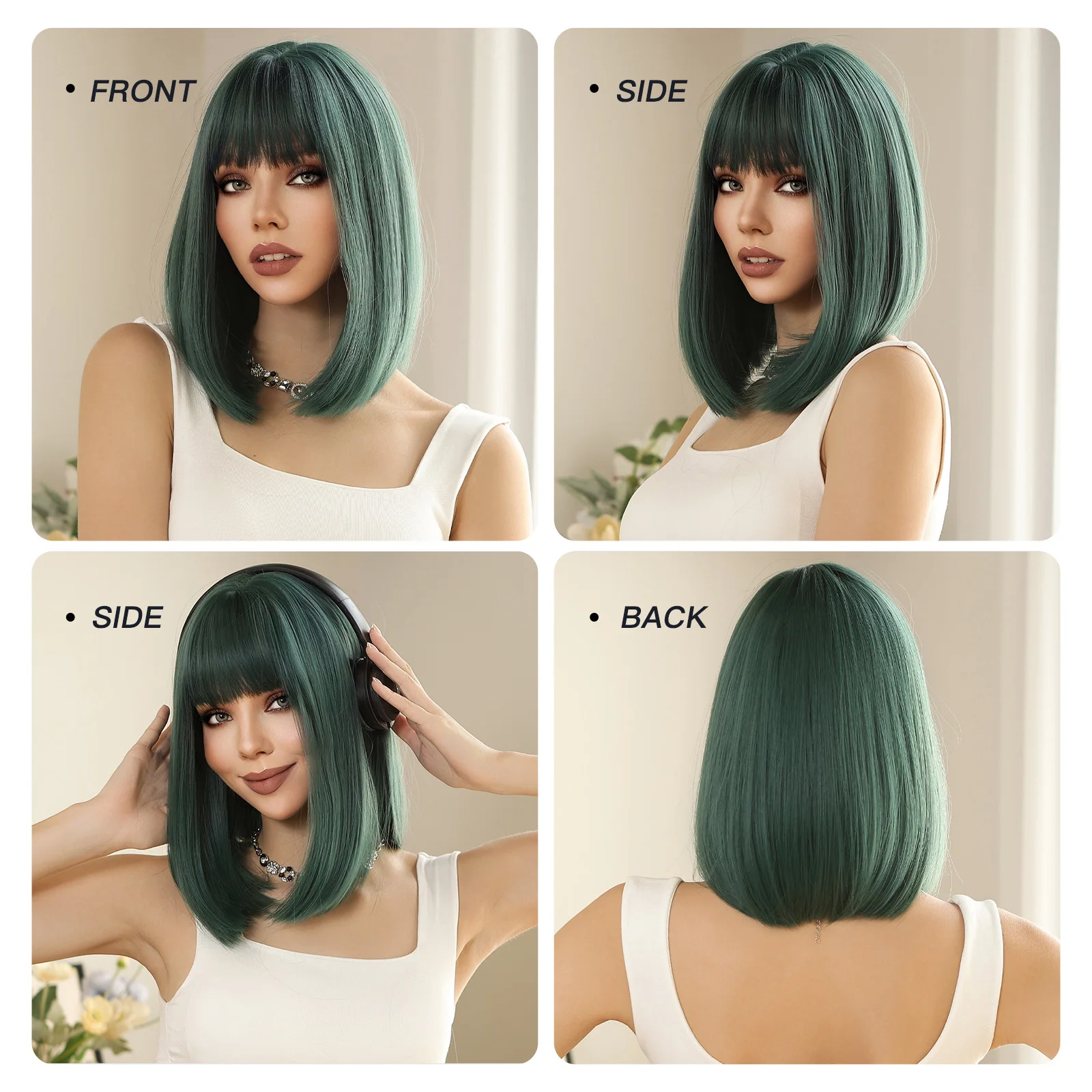 Short Straight Green Synthetic Wigs for Black Women Women's Bob Wigs With Bangs Natural Cosplay Hair Heat Resistant Fiber Wigs