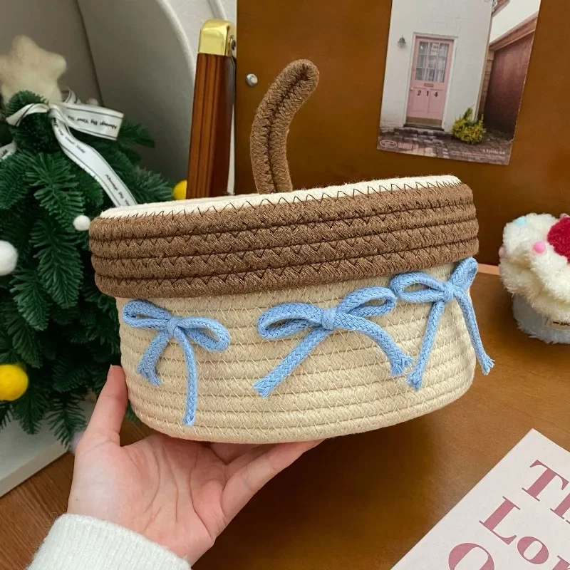 Cotton Thread Weaving Storage Basket, Home with Lid, Miscellaneous Storage Basket, Desktop Dust-proof Ornament Storage Basket