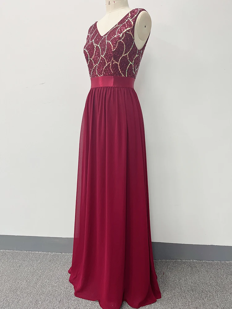 Chiffon Evening Dress V Neck A -Line Womens Sleeveless Formal Occation Long  Sequins Flower Burgundy Robe De Soriee Gowns