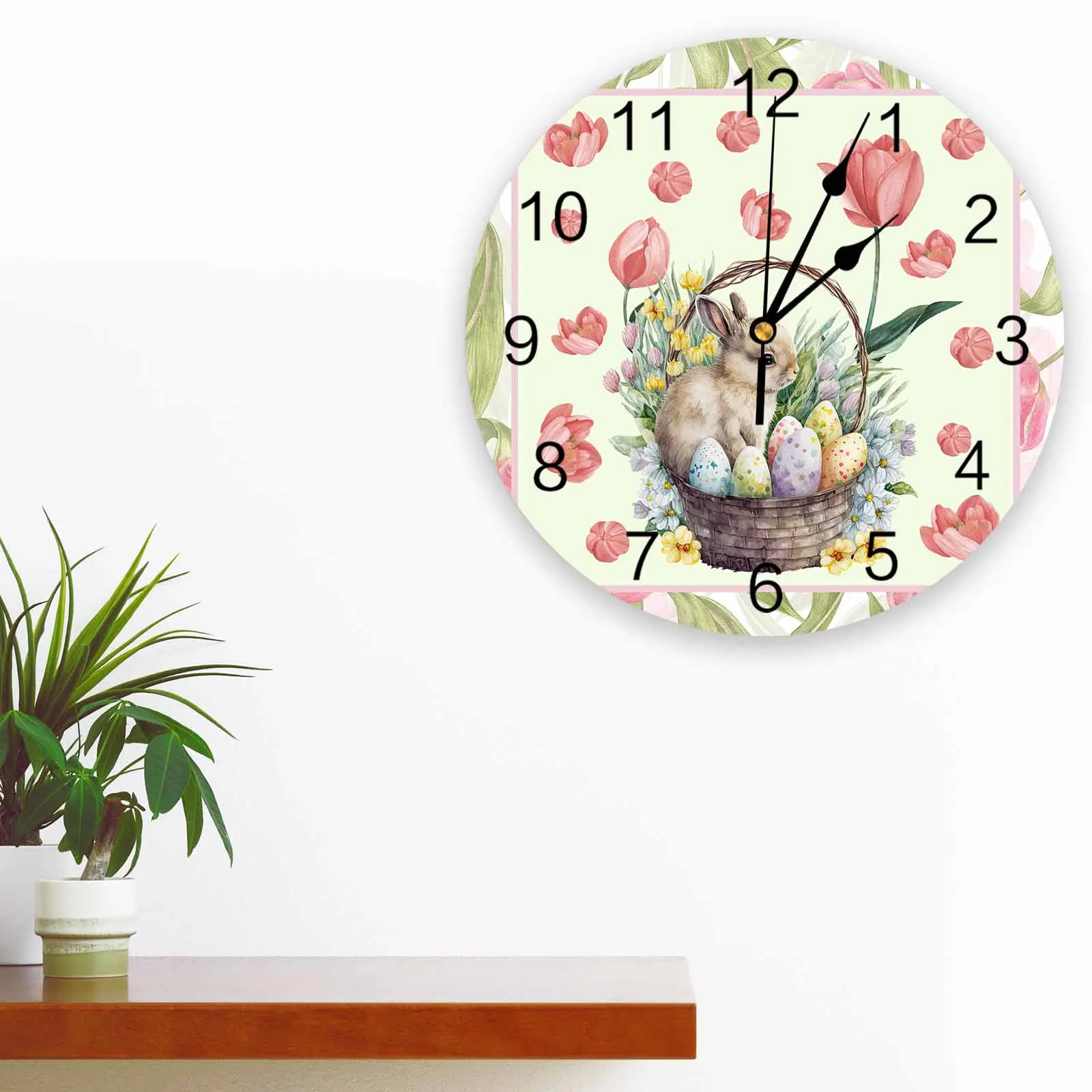 Flower Rabbit Tulip Watercolor Spring Easter Printed Wall Clock Modern Silent Clock Living Room Home Decor Wall Hanging Watch