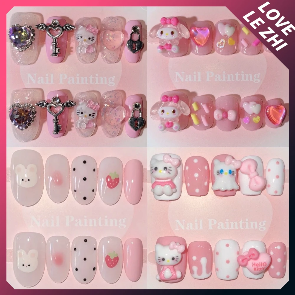 

10Pcs Sweet Cool Long Stiletto Short Square Round Handmade Press On Nails 3D Cartoon Bow Leopard Polka Point Wearable Fake Nail
