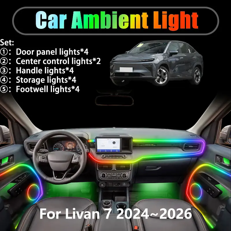 

For Livan 7 2024~2026 Geely Haoyue R7 SUV 2/18 in 1 Car ambient lighting Led trunk interior led lights USB RGB Ensemble Streamer