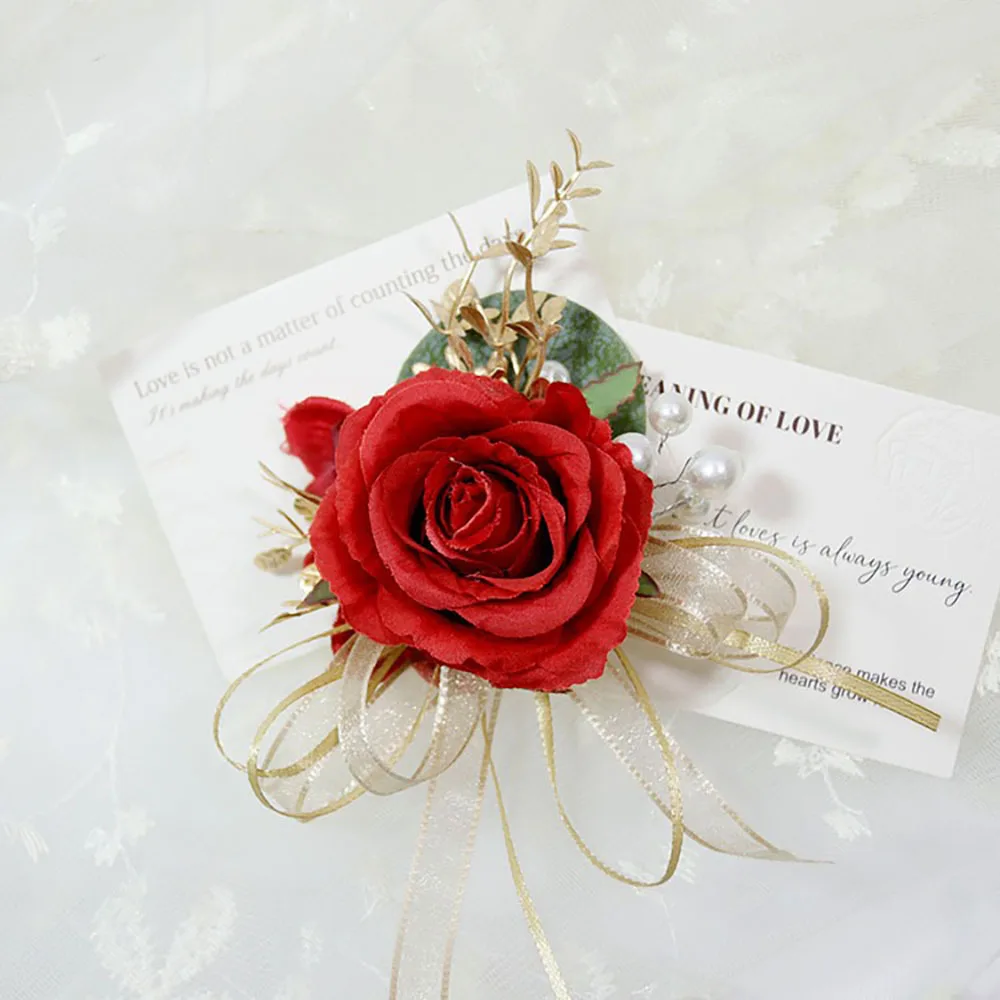 Boutonniere de rosa de seda para boda para hombre, alfileres de pulsera de ramillete de perlas de encaje con ojal, boda de champán rojo, akcesoria