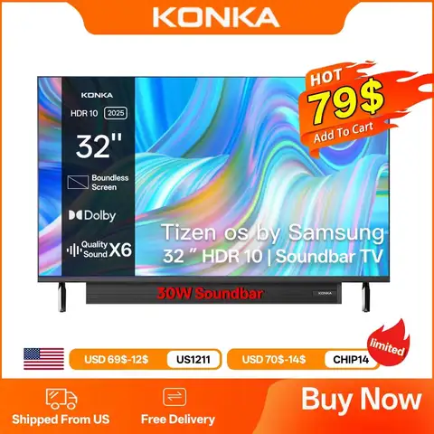 KONKA 32" Smart TV Tizen OS Powered By SAMSUNG Built-in 30W Soundbar HDR10 V-Max Display Theater Audio Dynamic Sound 1Y Warranty