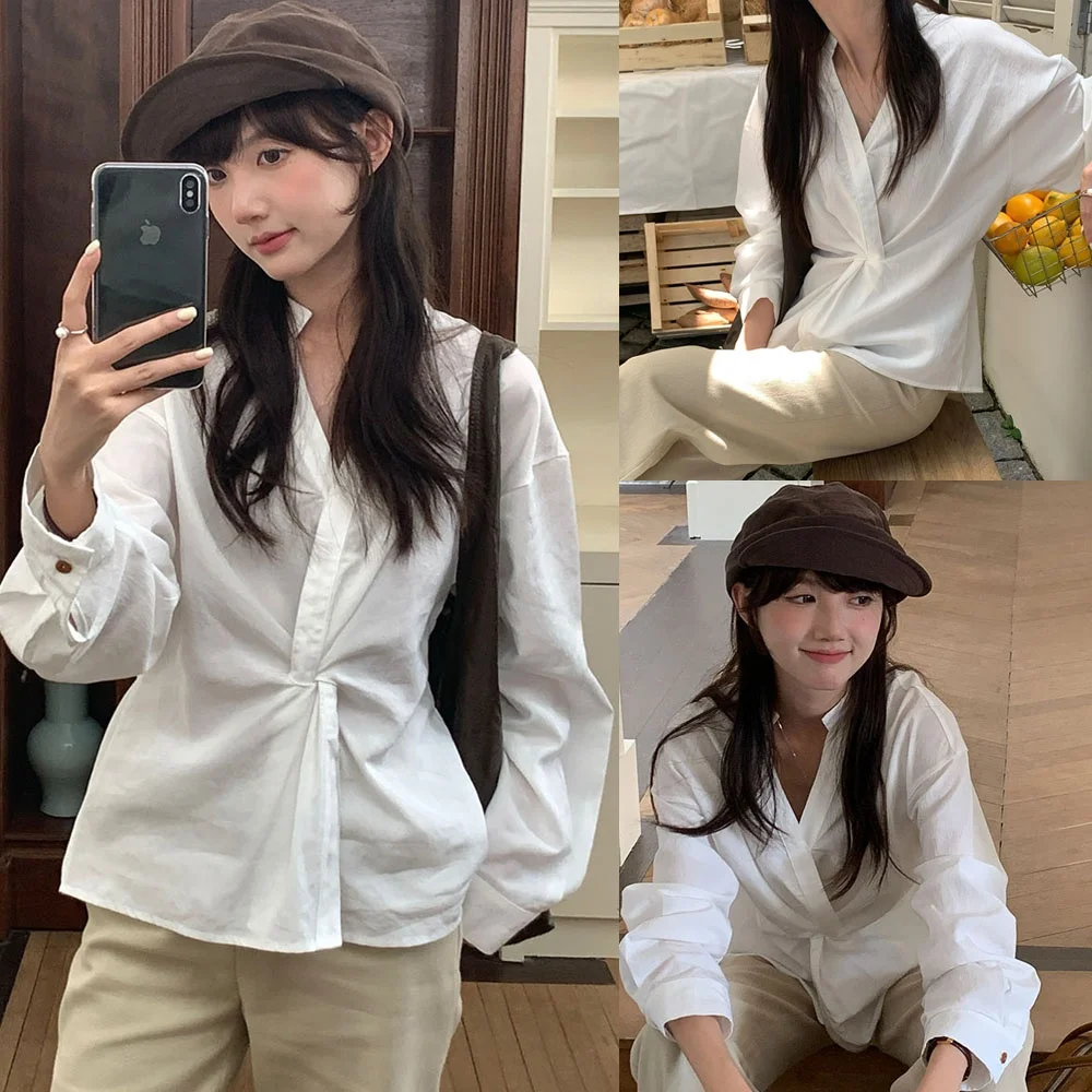 

Корейская женская модная блузка с V-образным вырезом и длинными рукавами, с завязками на талии, универсальный стиль, стандартная длина рукавов