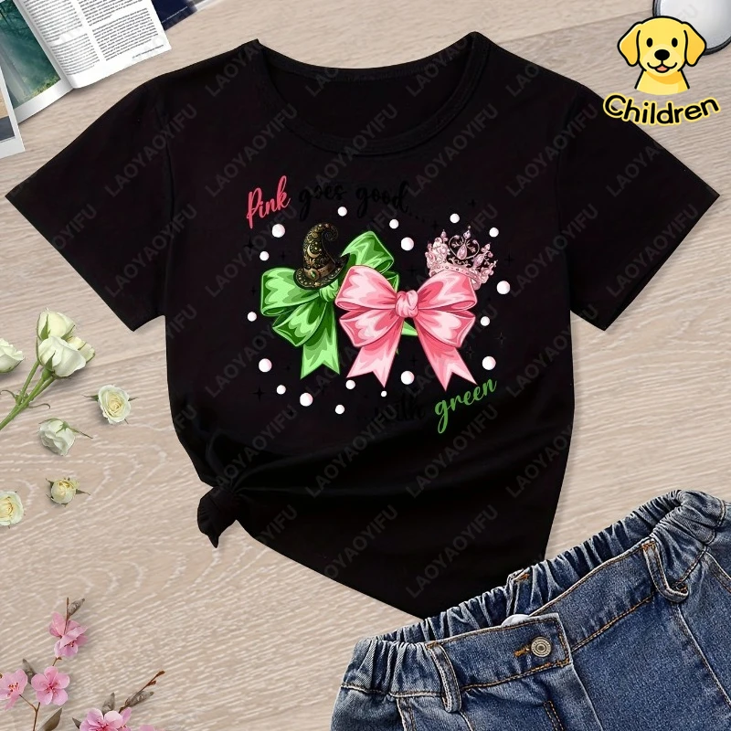 Wicked Cute 'Pink Goes Good with Green' Witch Hat & Bow Graphic Tee for Girls Casual Cotton Round Neck Short Sleeve Child T-Shir