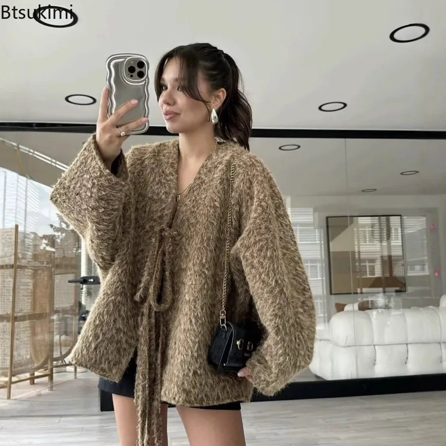 

Новый женский теплый свободный кардиган с v-образным вырезом и длинным рукавом с галстуком-бабочкой, однотонный модный повседневный свитер, весенне-осенний шикарный кардиган, пальто