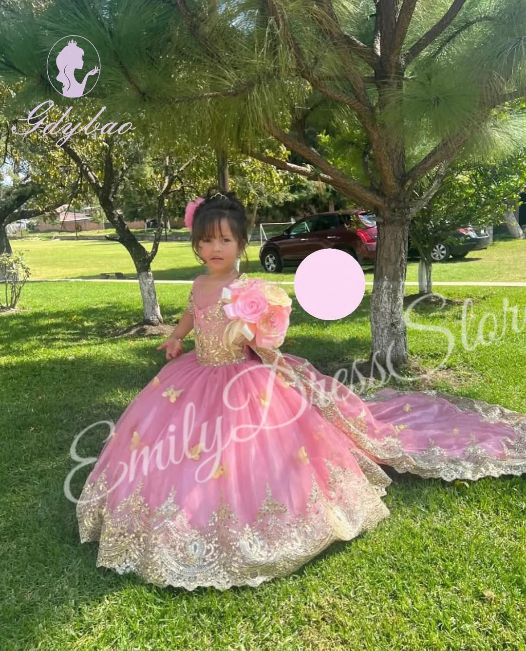 ที่กําหนดเองสีชมพูดอกไม้สําหรับงานแต่งงานทอง Appliques ผีเสื้อ Elegant เด็กวันเกิด Party First Communion Gown