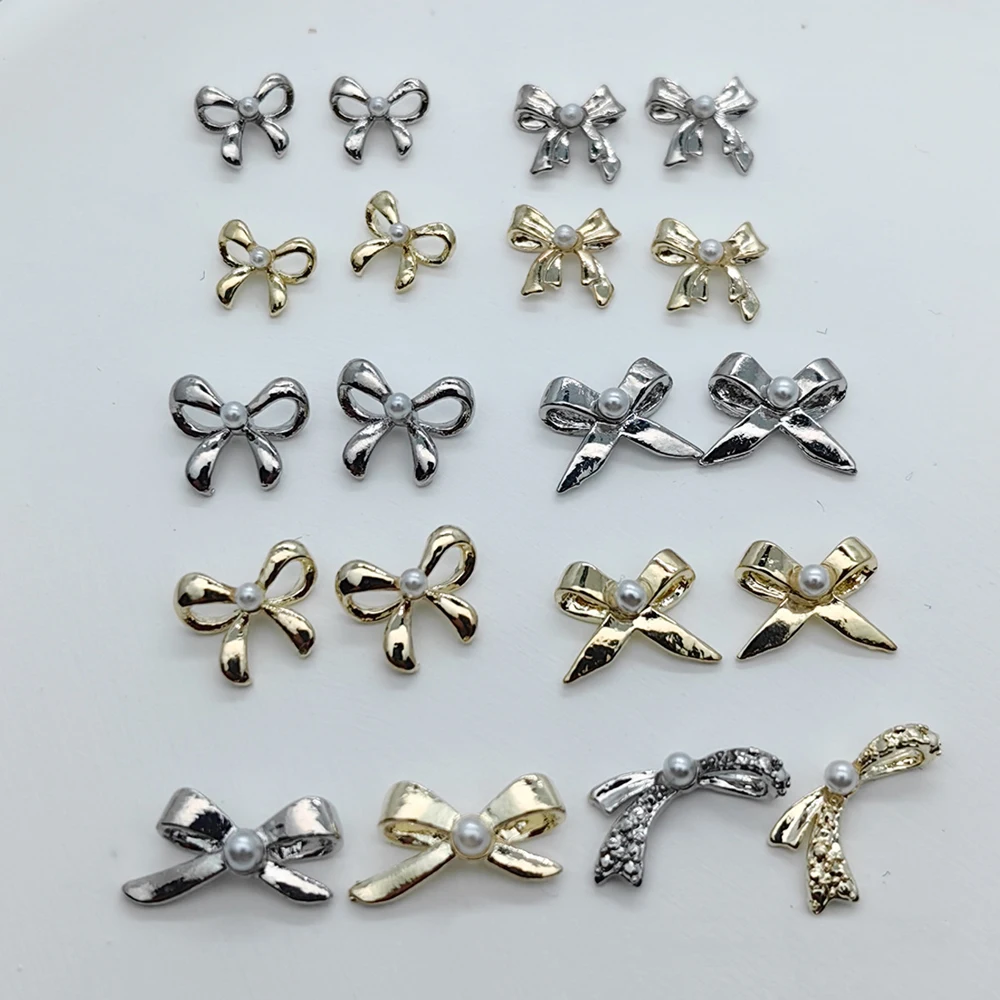 10pcs Luxury Pearl Ribbon Nail Art Charm 3D Metal Mini Hollow Ribbon Bowknot Nail Decor Parts DIY Japanese Design Nail Parts