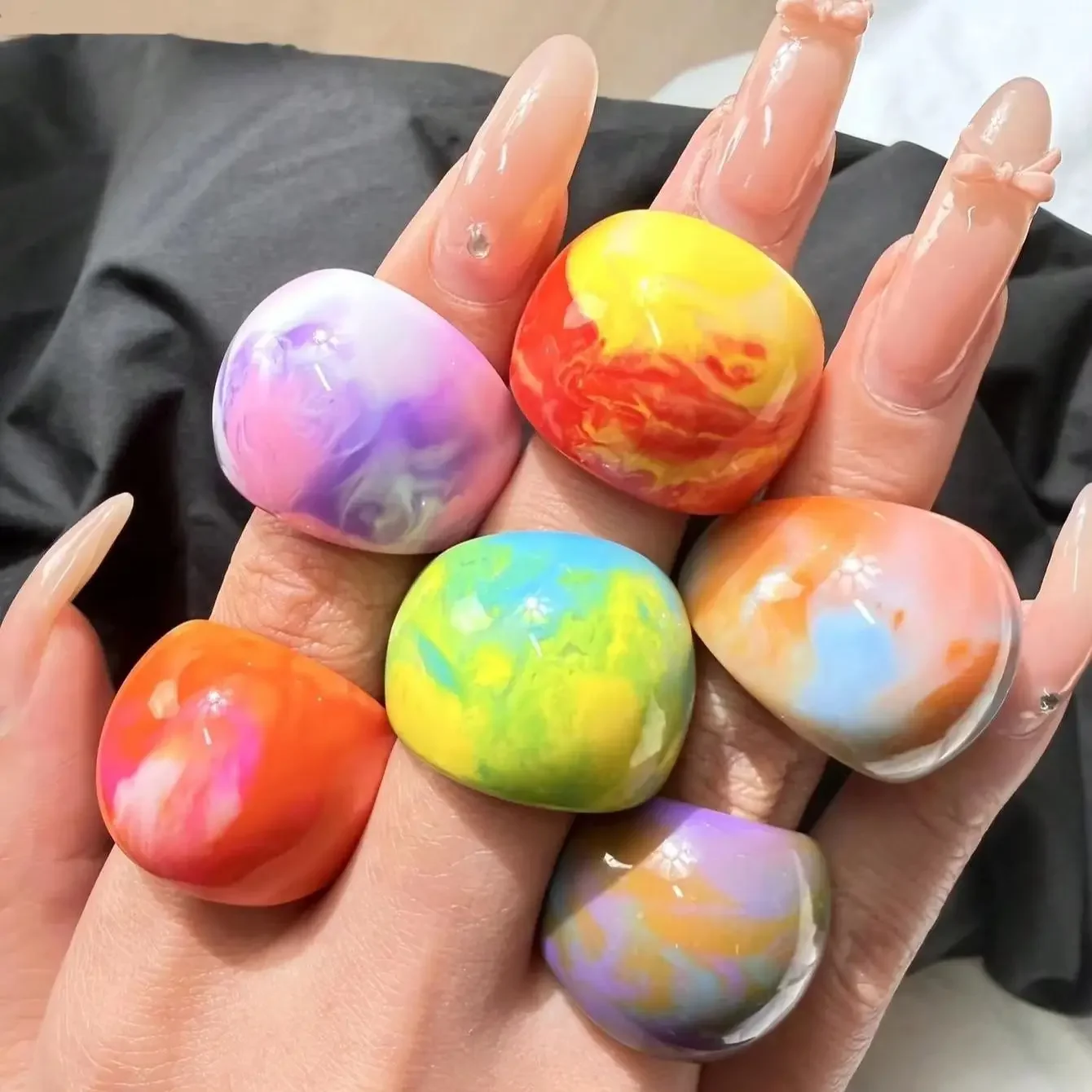 2027 NewDopamine Marbled Resin Wide Ring Multi Rainbow Gradient Color Gloss Thick Surface Daily Casual Outfits Women Jewelry