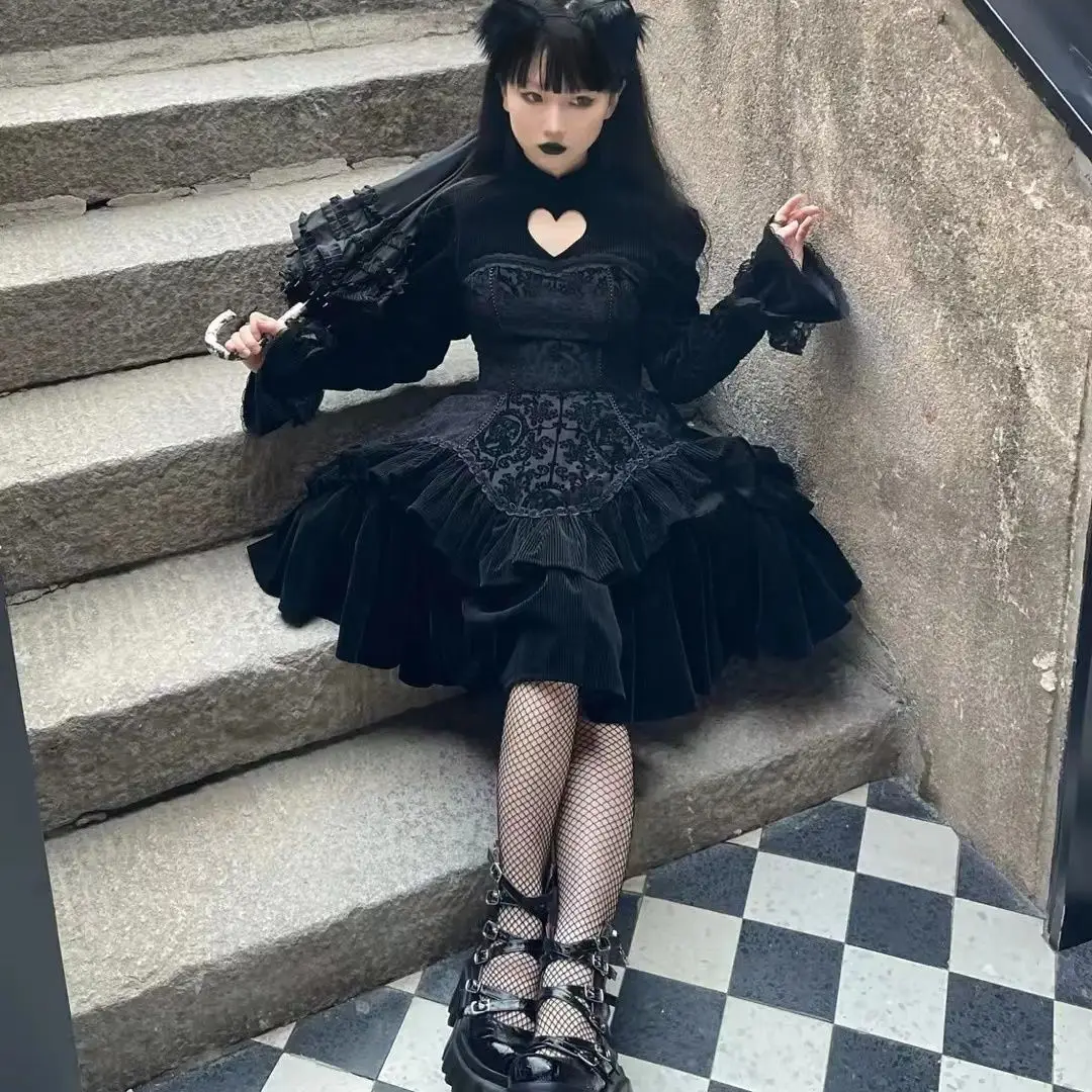 Vestido lolita estilo gótico para mulheres, preto, lolita, estilo chinês, comprimento total, princesa, escuro, diário, novo, inverno