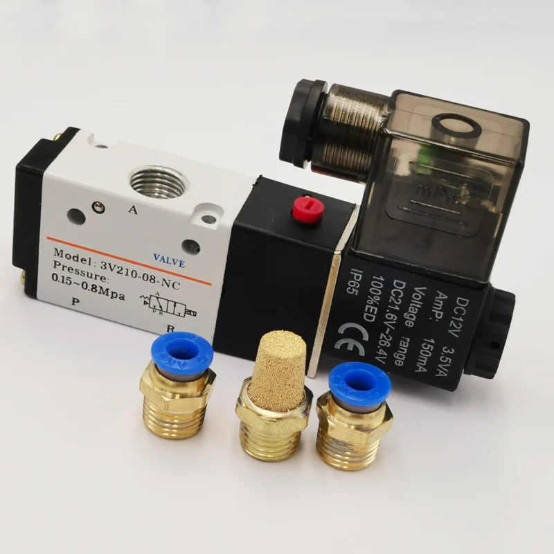 

3 Way 2 Position 1/4" BSPP Air Directional Control Solenoid Valve 3V210-08 DC12V DC24V AC110V AC220V with Connectors Muffler