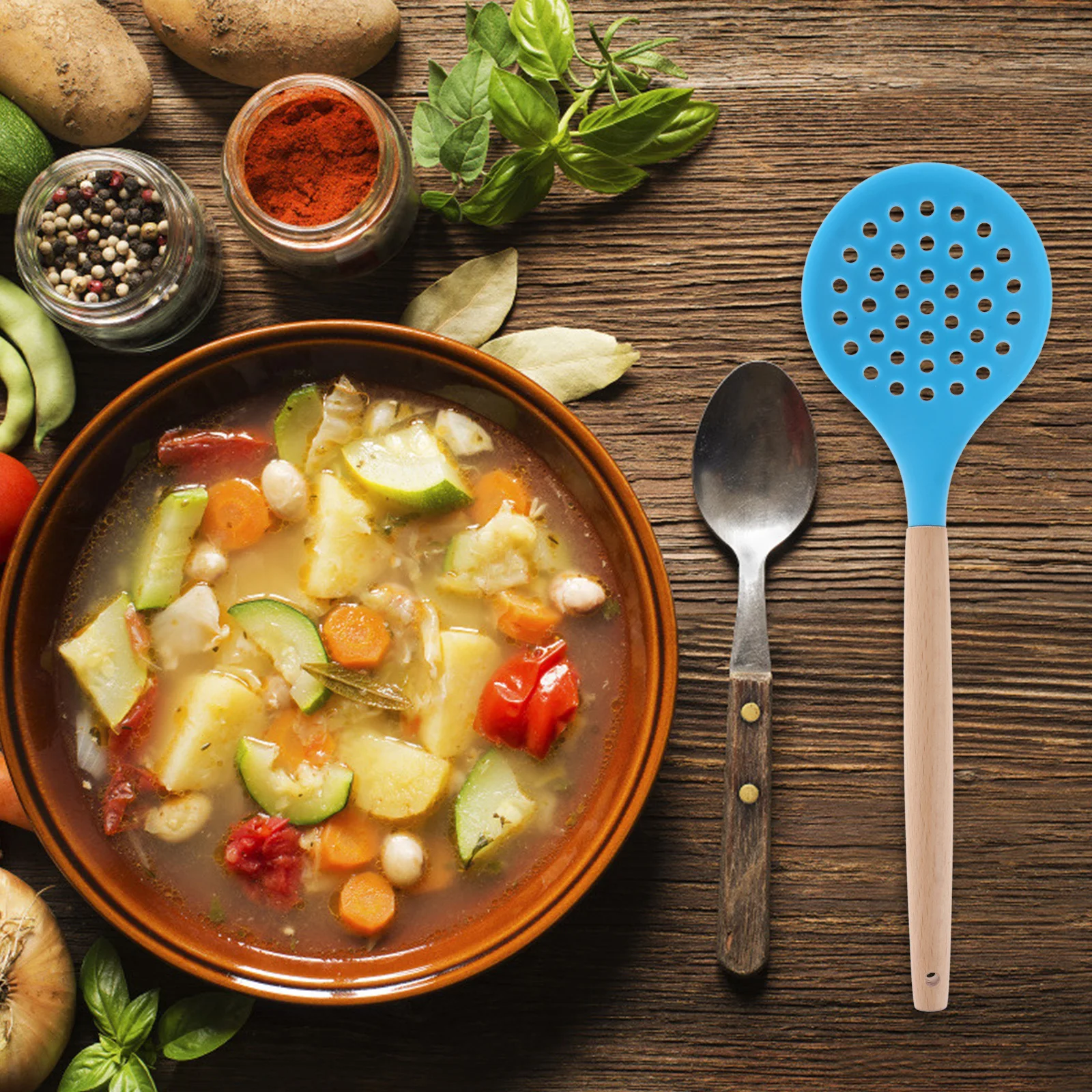 

Round Bent Handle Silicone Skimmer Spoon Blue Heat Resistant Slotted Frying Strainer For Oil Filter Food Serving Kitchen