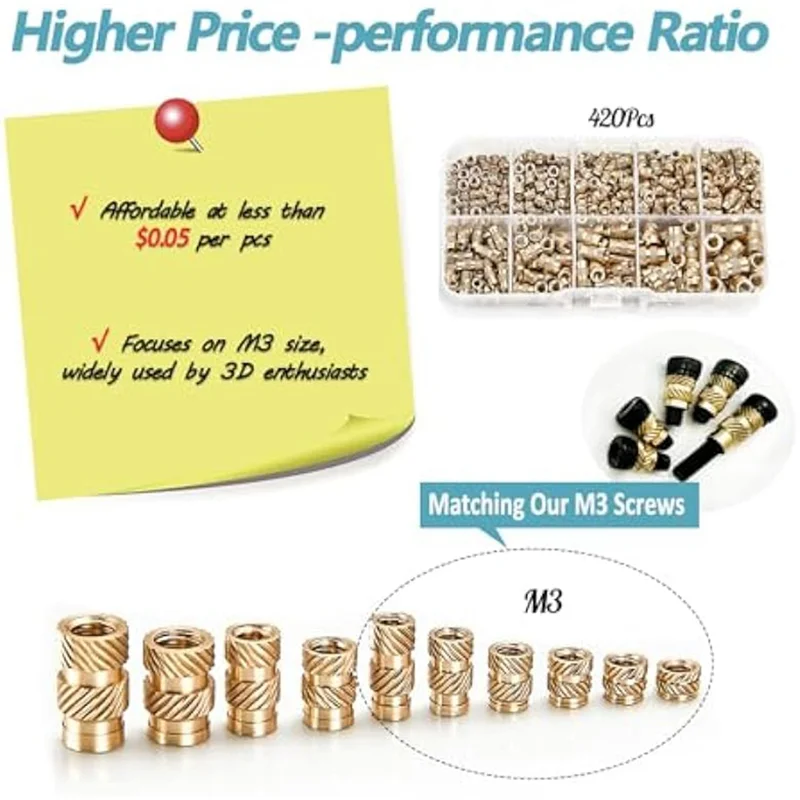 A67P-420Pcs M3/M4/M5 Threaded Inserts Assortment Kit For Components,Brass Knurled Nuts,Insert By Heat Into Plastic Parts