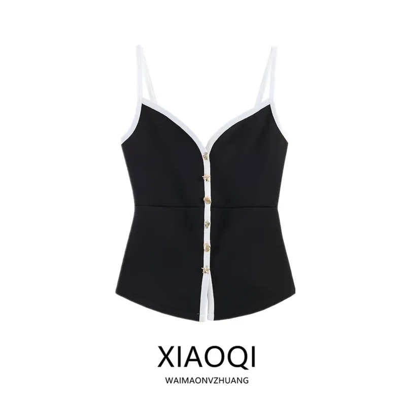 Summer 2026 Women's V-Neck Color Block Crop Top with Button Detail Fashionable Versatile Strap Design Single Button Closure