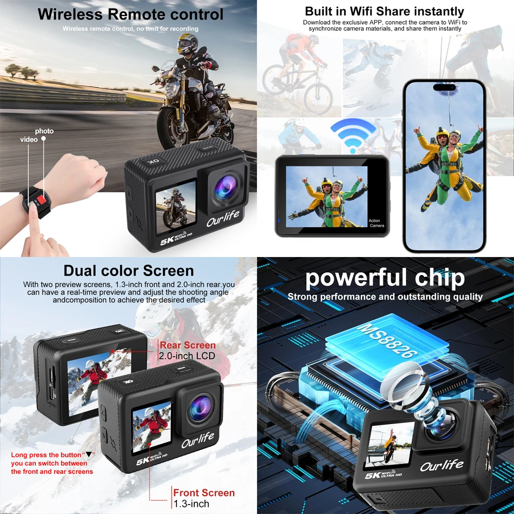 Action Camera 5K 4K60FPS EIS WiFi 170D 2.0'' Touch Screen 30M Waterproof 5X Zoom Sport Camera With Remote Control & 32GB Card