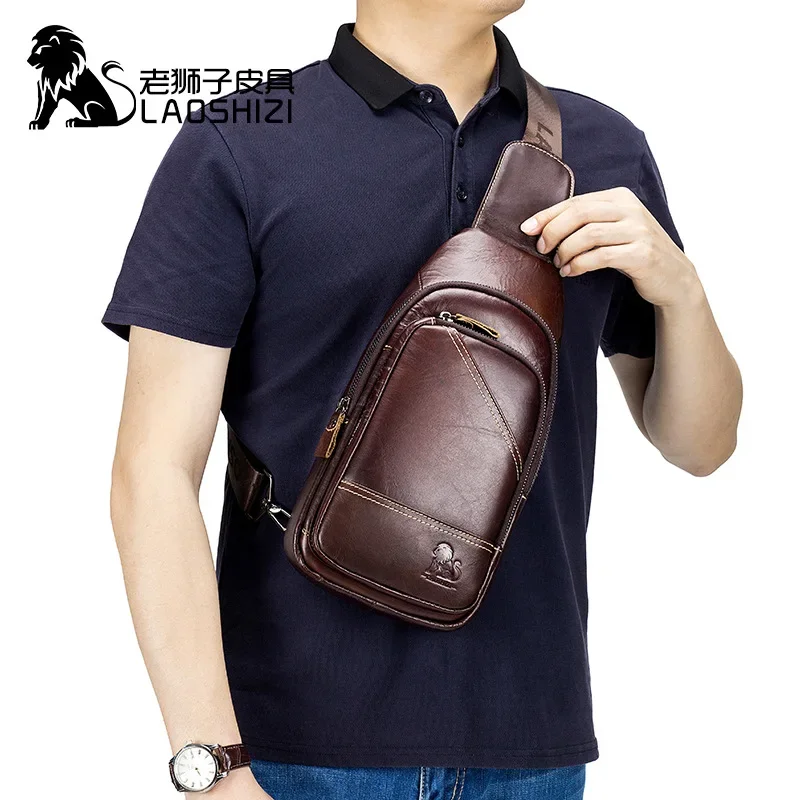 Imagem -05 - Laoshizi-bolsa Peito Masculino Bolsa do Mensageiro Pacote Crossbody 100 Couro Genuíno Bolsa de Ombro Bolsa de Viagem Marca Designer