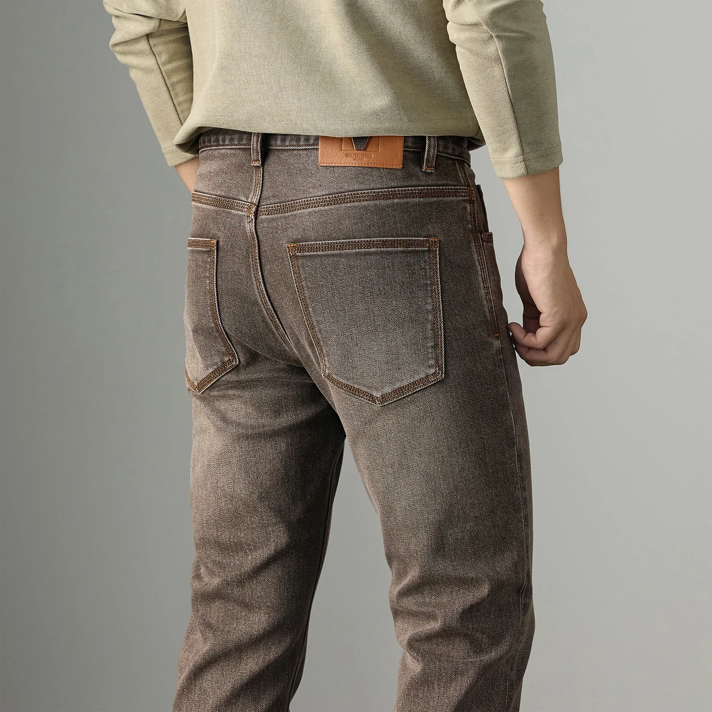 High Quality Clothing for Autumn Winter, Men's Mid Waist Elastic Slim Fit Straight Leg Brown Jeans, Korean Classic Retro Pants
