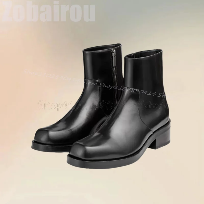 Square Toe Chunky Heel Matte Leather Boots para homens, zíper lateral, sapatos de luxo, feito à mão, preto, festa, escritório, moda