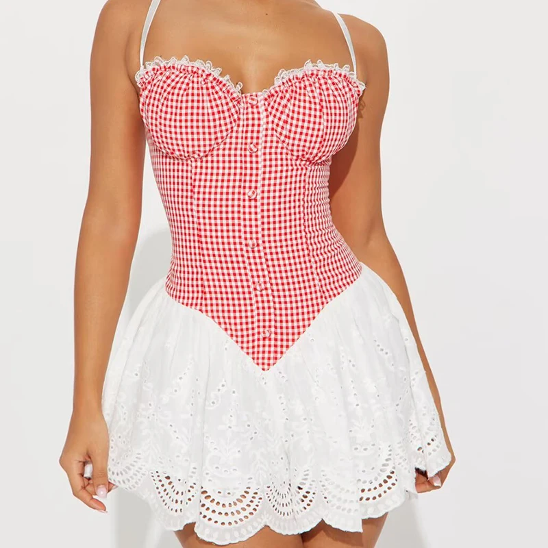 YENKYE النمط الفرنسي المرقعة منقوشة مثير حبال فساتين صغيرة النساء منخفضة الخصر ألف خط عطلة فستان صيفي جلد رداء قصير