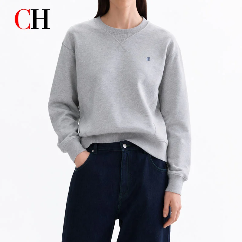 CH Men's Crew Neck Sweatshirt Embroidered Logo Pullover Soft Cotton Blend Casual Loose Fit Streetwear Winter Top