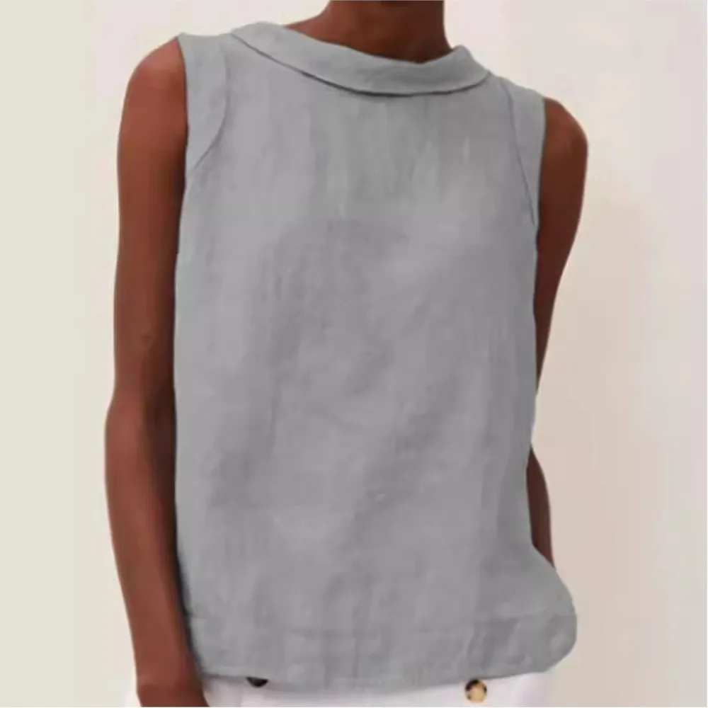 

Cotton Linen Solid Color Round Neck T-shirt Summer Women's New Pullover Casual Sleeveless Loose Button Top Ropa Para Mujer