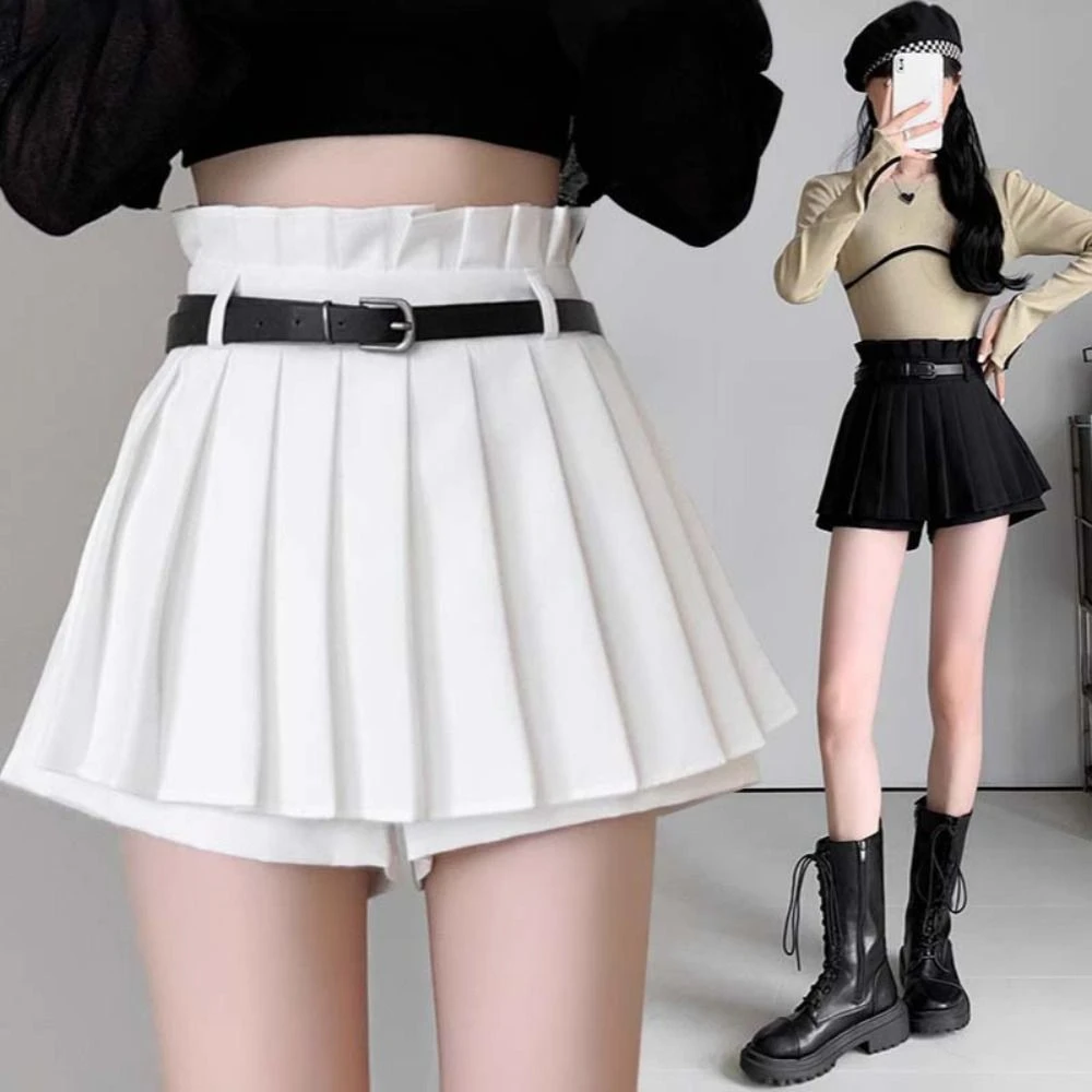 

Fashion Y2K A-Line Mini Skirts Preppy Style JK Pleated Skirt With Belt High Waist Ruffled Skirts with Safty Pants Girl