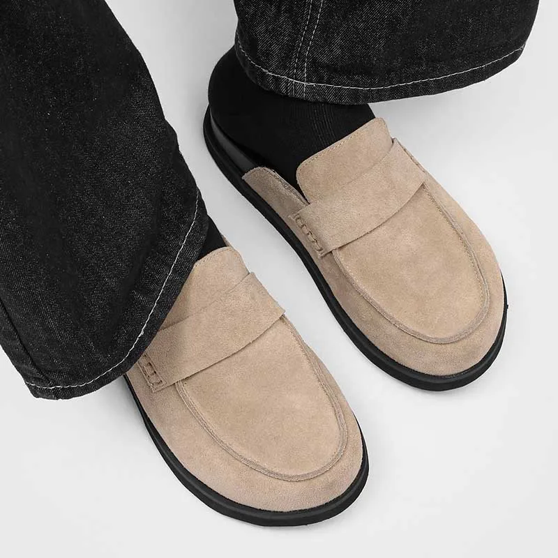 New Men Fashionable Semi Slippers Faux Suede Height Increasing Anti Slip High-end Retro Style Youthful Fashionable Slippers