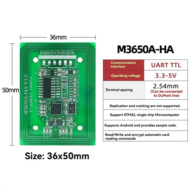 

B27B M3650A-HA RFID-считыватель, писатель, 13,56 МГц, устройство считывания IC-карт UART TTL 3,3-5 В, устройство считывания RFID-меток F08 S50 S70, модуль считывания карт