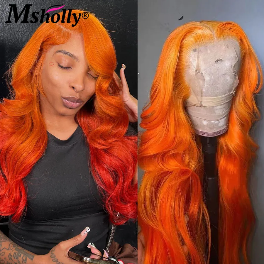 Perruque Body Wave Wig Remy naturelle ombrée, cheveux humains, couleur orange, 13x6, pre-plucked, densité 180%