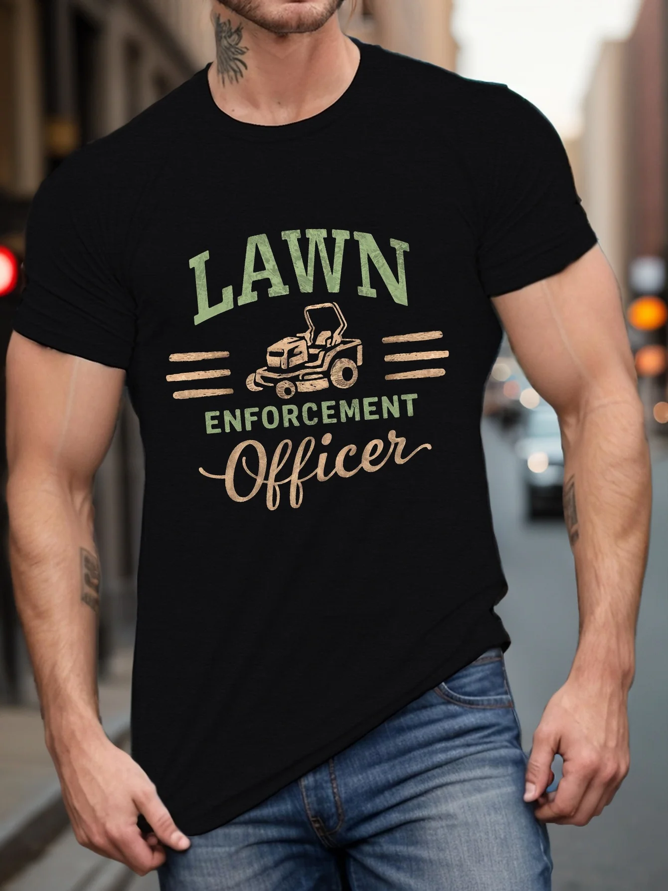 Men's Lawn Enforcement Officer Printed T-Shirt, Casual Round Neck Short-Sleeved T-Shirt, Knitted Fabric, Slightly Stretchy, Summer Regular Fit Top - 150