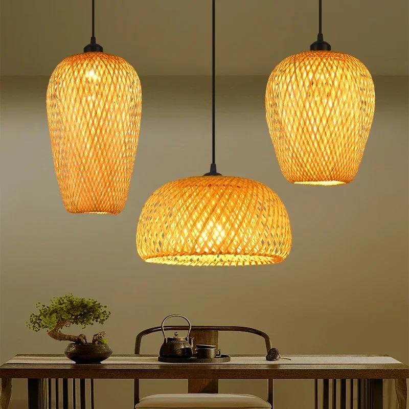 Imagem -04 - Bambu Abajur Led Lâmpada Pingente Lustres de Teto de Vime de Rattan Natural Mão Tecido Pendurado Luz Luminárias Modernas E27