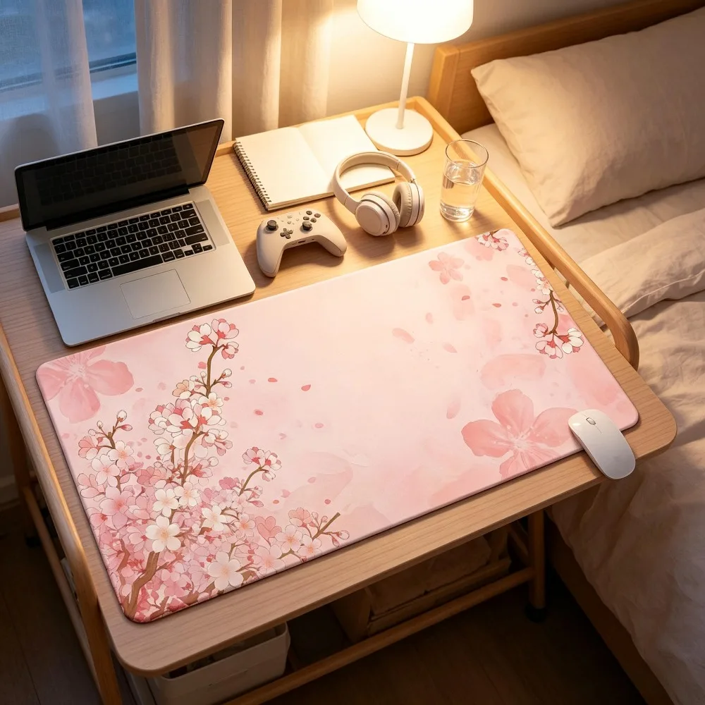 E-sports desk pad, anti-slip rubber extended mouse pad, light pink cherry blossom branch falling cherry blossom gentle watercolo