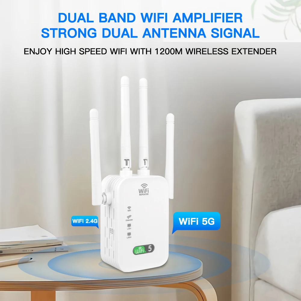 WiFi Repeater 1200Mbps Wireless Amplifier Dual Band 2.4G 5GHz Network Long Range Signal Booster For Home Office Wi-Fi Booster