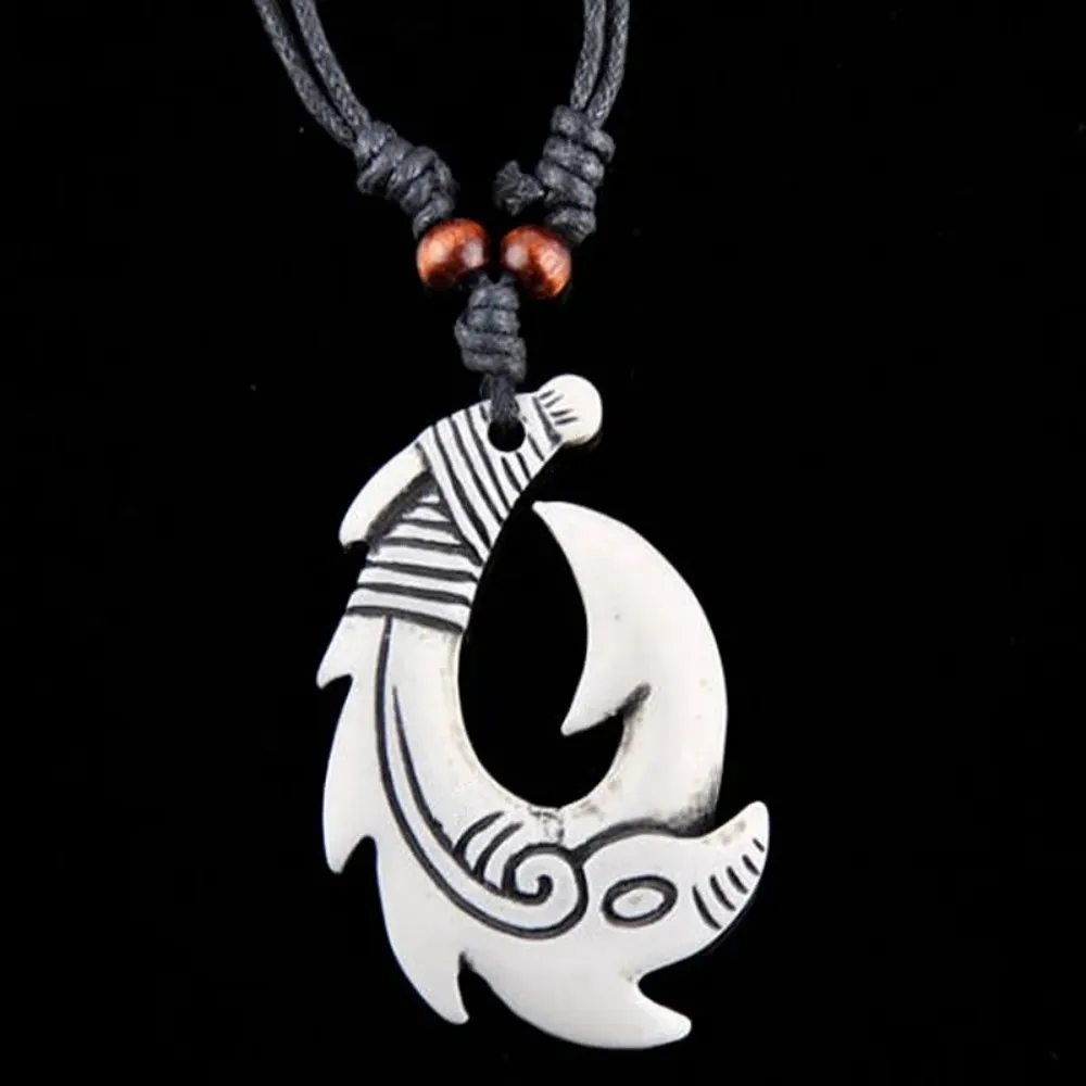 Cool Men's Imitation Yak Bone Necklace NZ Maori Fishhook Pendant Necklace Adjustable Rope Surfer Jewelry Women's Gift