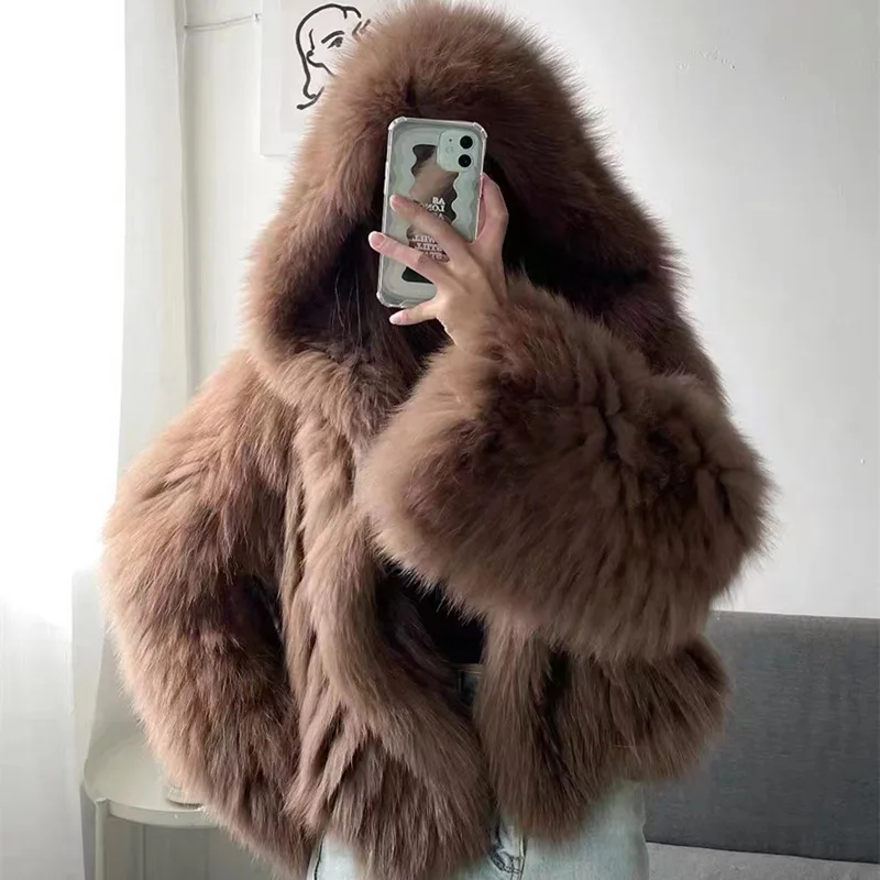 

2024 Haining Fur Dense Double sided Woven Fox Fur Coat Women's Hooded Little White Bear Youth Fur Coat