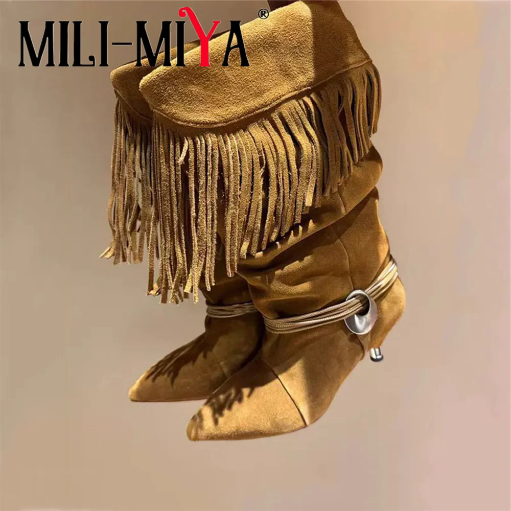 MILI-MIYA/Новинка, коричневые ботинки до середины икры в стиле вестерн с кисточками из искусственной замши, пикантные плиссированные вечерние модельные туфли без шнуровки с острым носком MILI-MIYA/Новинка, коричневые ботинки до середины икры в стиле вестерн с кисточками из искусственной замши, пикантные плиссированные вечерние модельные туфли без шнуровки с острым носком