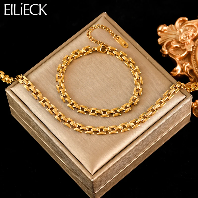 

EILIECK 316L Stainless Steel Metal Gold Color Geometric Chain Necklace Bracelets Set For Women Trendy Waterproof Jewelry Gift