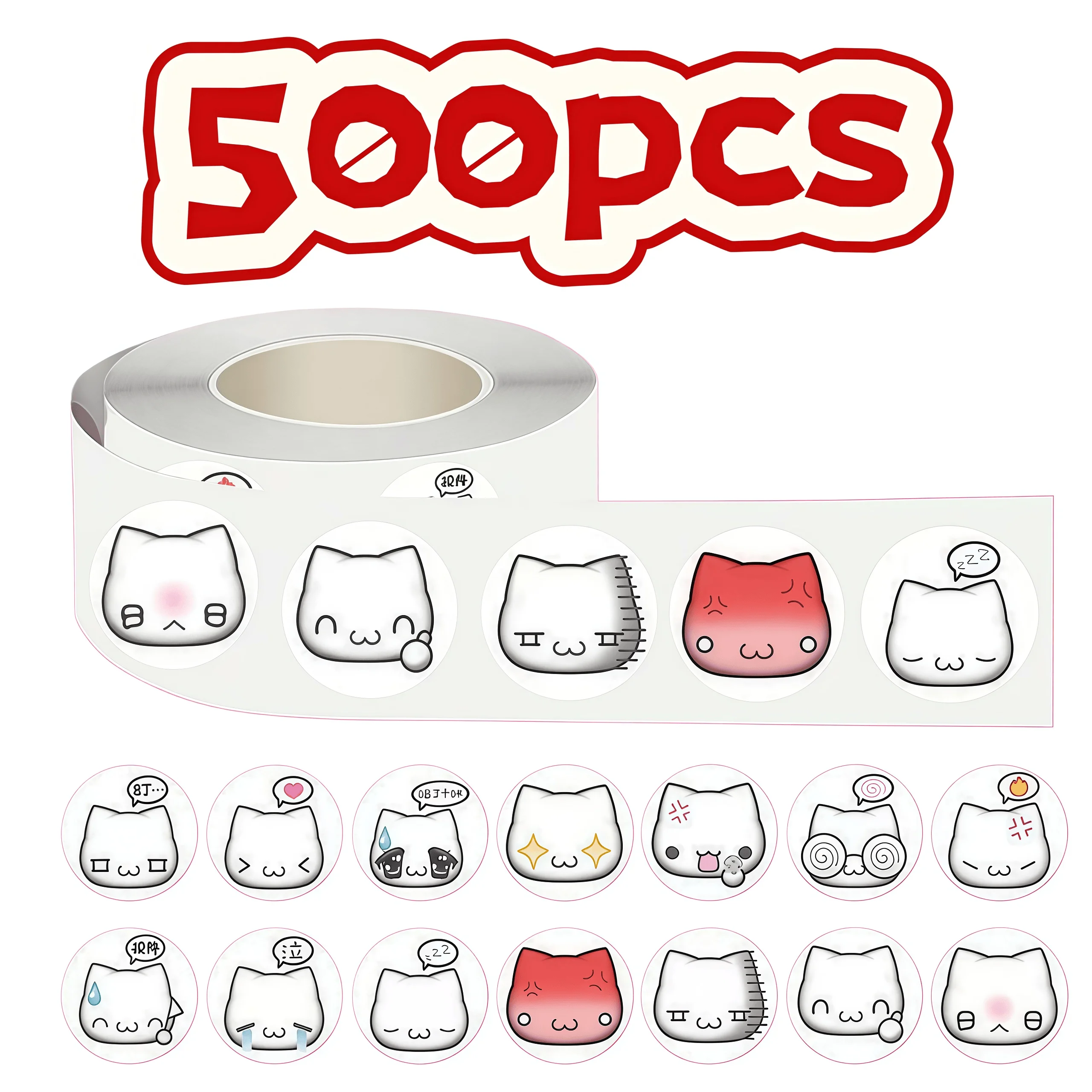 500Pcs Cute Expression Cat Sticker Roll, Various Adorable Mood & Face Decals Seal Stickers for Decor, DIY & Gifts