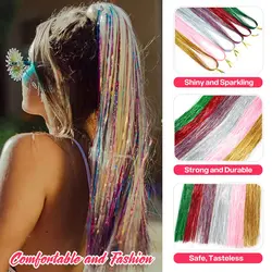 Hipppies femeninos deslumbrantes con oropel brillante, extensiones de cabello de seda arcoíris para sombreros trenzados, longitud de 120 cm, hebras 150/paquete