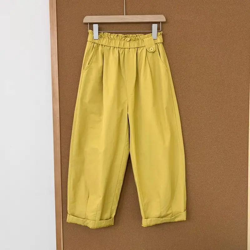 

Укороченные брюки с эластичной резинкой на талии для женщин, летние свободные шаровары, повседневные широкие брюки