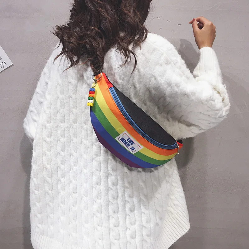 Women Rainbow Striped Fanny Pack Bag Casual Female Waist Pack Adjustable Strap Simple Portable Colorful for Weekend Vacation