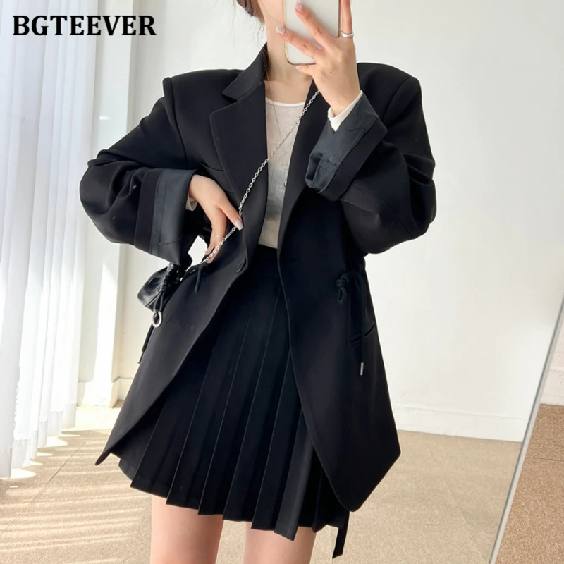 BGTEEVER Vintage Notched Collar Ladies Drawstring Blazer Jackets Casual Long Sleeve Single Button Female Solid Suit Coats