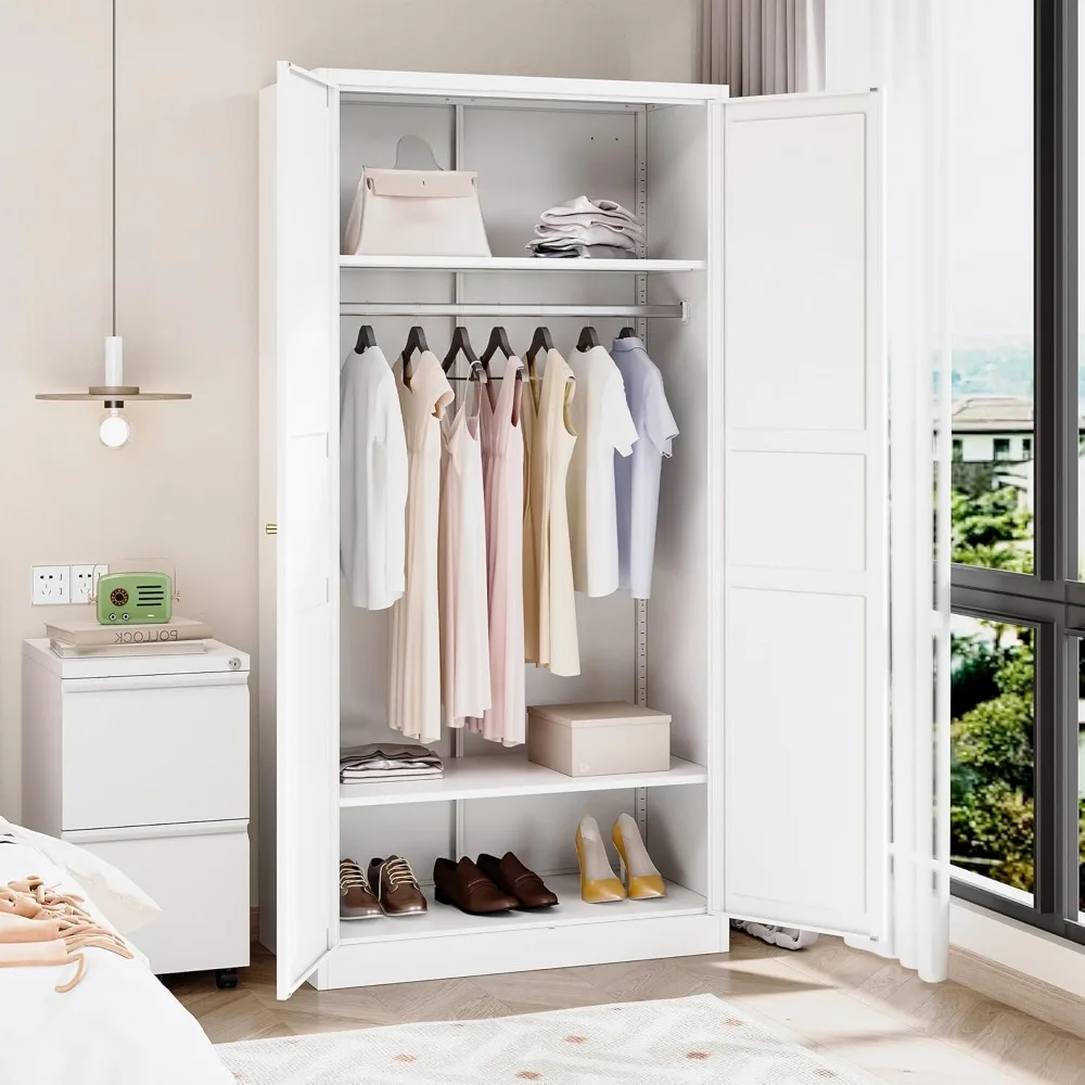 Metal Armoire Wardrobe Closet with 2 Doors 72'' Wardrobe Cabinet with Hanging Rail Metal Closet with Adjustable Shelves